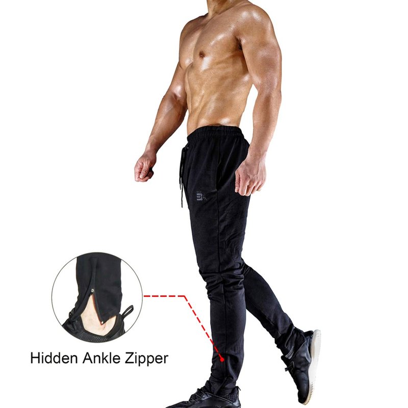 BROKIG Mens Zip Jogger Pants - Casual Gym Fitness Trousers Comfortable Tracksuit Slim Fit Bottoms Sweat Pants with Pockets (Large, Black)