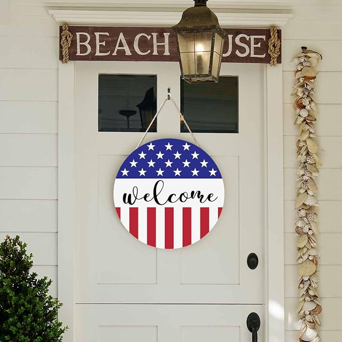 Welcome Wreath Sign for Farmhouse Front Porch Decor Patriotic Welcome Sign 12Inch Wooden Seasonal Decor Hanging Present
