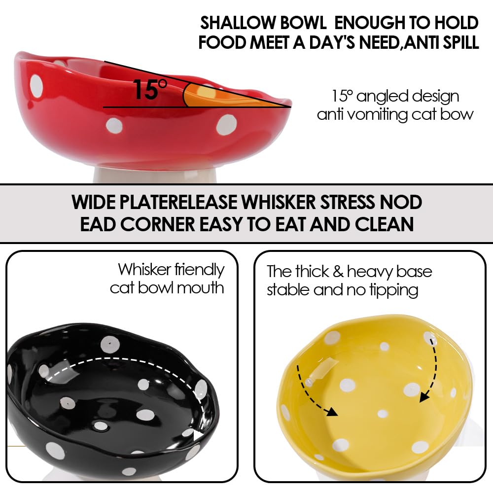 Ceramic Elevated Mushroom Cat Bowls, Tilted Raised Pet Dish Anti Vomit Kitten Bowl for Indoor Cats, Whisker Friendly Pet Food and Water Bowl for Kitten, Cat, Puppies, Dishwasher Safe (Red)