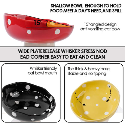 Ceramic Elevated Mushroom Cat Bowls, Tilted Raised Pet Dish Anti Vomit Kitten Bowl for Indoor Cats, Whisker Friendly Pet Food and Water Bowl for Kitten, Cat, Puppies, Dishwasher Safe (Red)