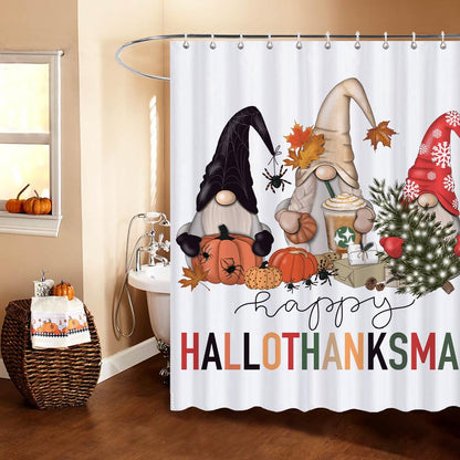 Halloween Hallothanksmas Gnome Shower Curtains for Bathroom, Waterproof Fall Autumn Thanksgiving Christmas Shower Curtain Set with 12 Hooks, 72x72