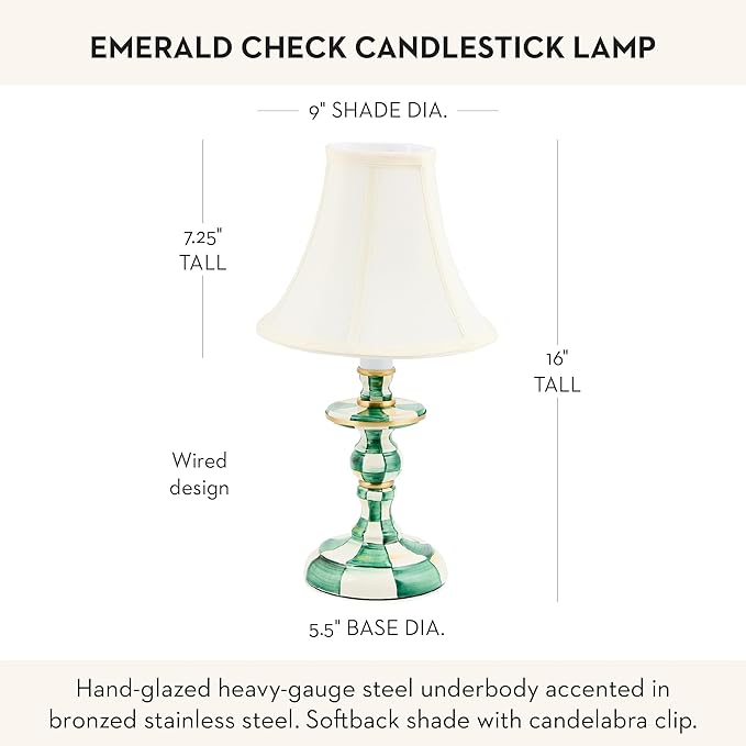 MACKENZIE-CHILDS Candlestick Lamp, Decorative Living Room and Bedroom Lamp, Green-and-White Emerald Check