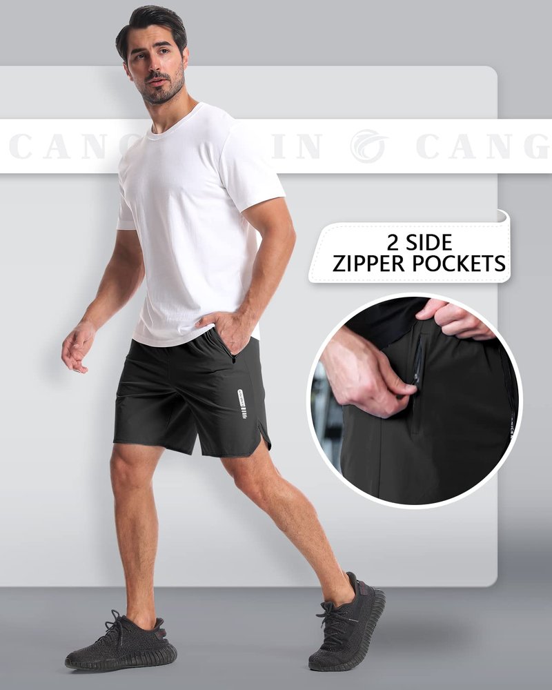 CANGHPGIN 2 Pack Mens Workout Athletic Shorts 7 inch Inseam Quick Dry Hiking Shorts Men Lightweight Sports Gym Shorts Running Khaki/Black
