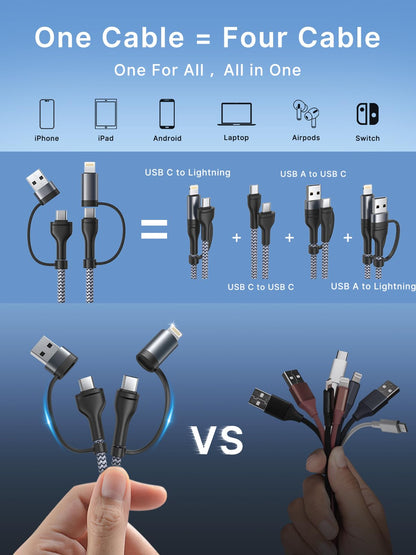 4 in 1 Charging Cable, USB C Lightning Adapter USB C to USB C 60W PD [Fast Charging & Data Sync] 4 in 1 Multi Charger for iPhone 16 15 14 13 12,MacBook Pro 2023 iPad mini 6/Pro,Samsung Galaxy S22 S21