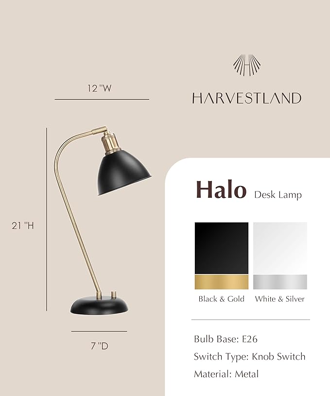 HarvestLand Halo Black and Brass Desk Lamp – Adjustable Desk Lamp with Metal, Industrial Table Lamp with Solid Base for Home Office, Dedside Table lamp, Task Lamp