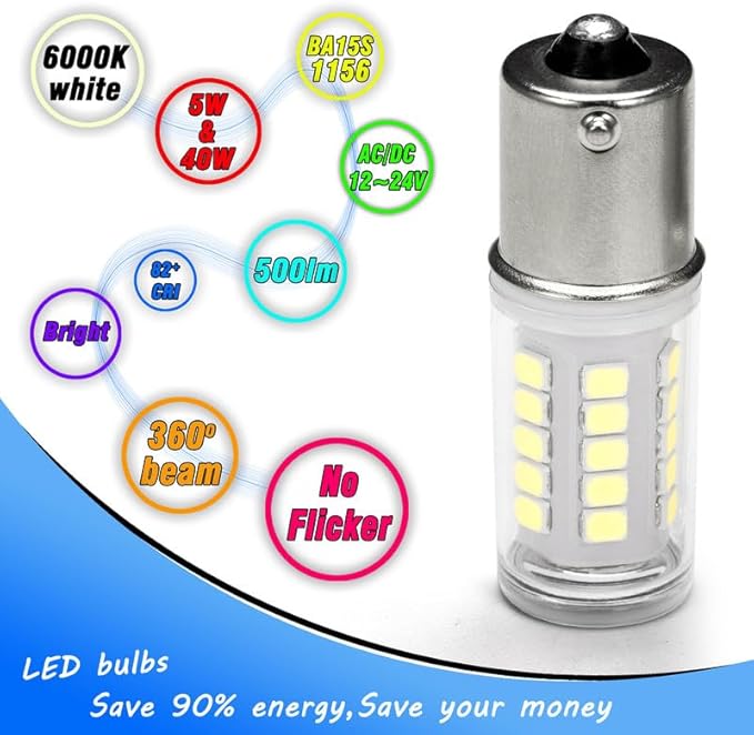 BA15S 12V LED Bulbs, 5 Watt 1156 1141 1003 7506 Bright White 6000K, AC/DC12-24 Volt Low Voltage for RV Boat Mower Lawn Tractors Bathroom Reversing lights, DC Bayonet Single Contact Base,3 pack