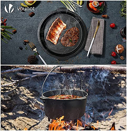VOUNOT Dutch Oven 9 Liters, Pre-Seasoned Cast Iron Pot with Carry Bag, Feet, Lid Lifter, Spiral Handle and Slot for Thermometer, for Camping, Cooking Baking