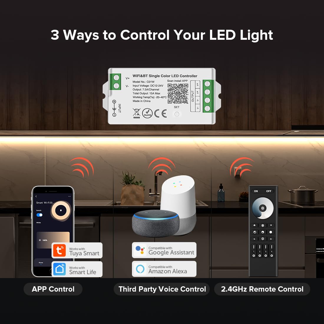 BTF-LIGHTING C01W Monochrome PWM (+V -V) 2PIN LED Strip Dim Brightness 2.4GHz Tuya WiFi Group Controller Alexa Google Home Smartphone APP Control Compatible with WR02RF RC01RFB Remote