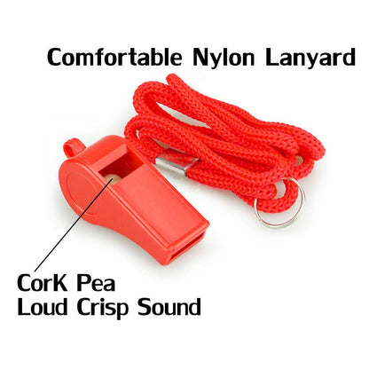 Hipat Red Emergency Whistles with Lanyard, Loud Crisp Sound Plastic Whistles Bulk Ideal for Outdoor Sport，Lifesaving，and Officials