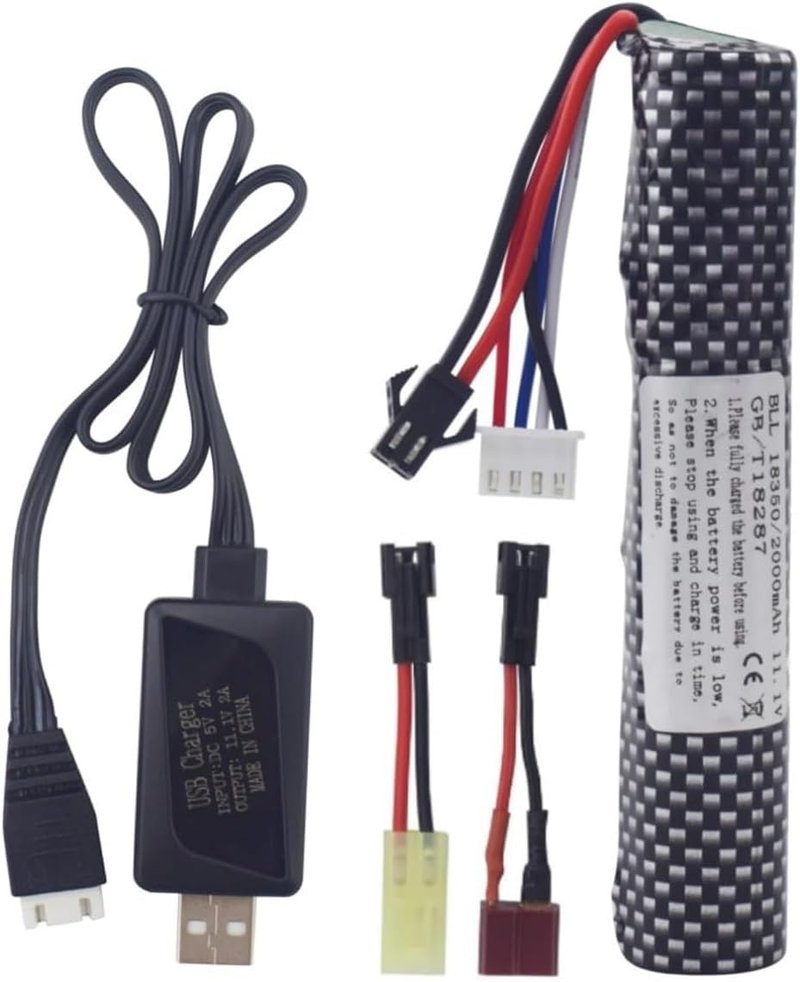 1PCS 3S 11.1V 2000mAh Li ion Battery with SM-2P Plug Connector and USB Charging Cable, Suitable for Airsoft Gel Water Droplet Blaster Air Gun Gel Ball Shock Wave Replacement Battery