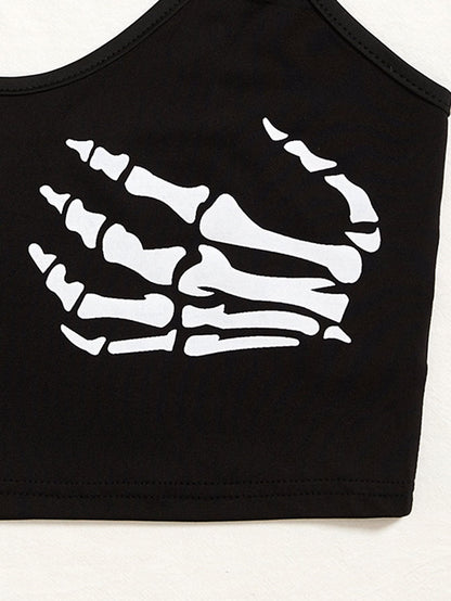 WDIRARA Women's Skeleton Skull Print Scoop Neck Spaghetti Strap Crop Cami Top Black M