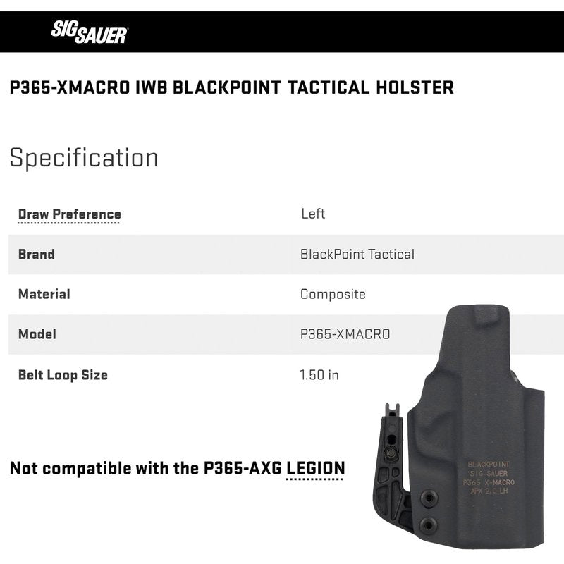 SIG SAUER P365 X-Macro IWB BlackPoint Tactical Left-Hand Lightweight Durable Adjustable Concealed Carry Hip Handgun Holster