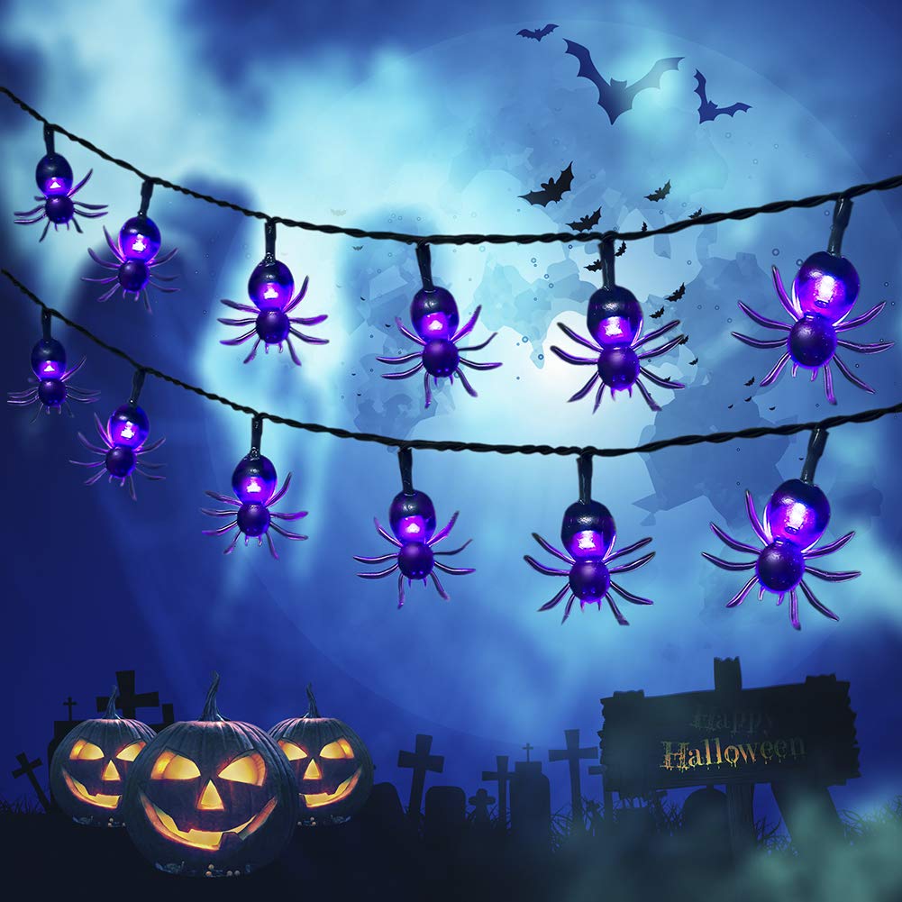 Qunlight Halloween Solar Lights, 2Pack 30 LED 20ft Purple Spider String Light with 8 Modes,Solar Power Waterproof Fairy Lights for Halloween Party,House,Garden,Yard Decoration Indoor Outdoor