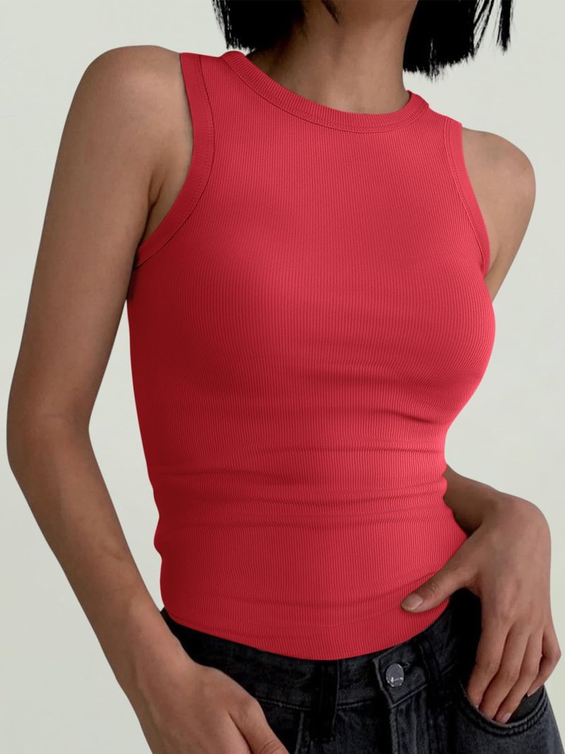 ANRABESS Womens Sleeveless High Neck Tank Tops Fashion Summer Casual Basic Slim Fit Ribbed Racerback Top Shirt Clothes Red-M