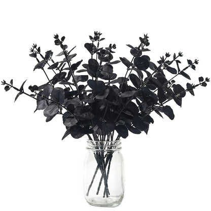 Halloween Artificial Flower, Black Eucalyptus Stems Leaves Branches Fake Flower Arrangement Farmhouse Decor (Black) 6Pcs