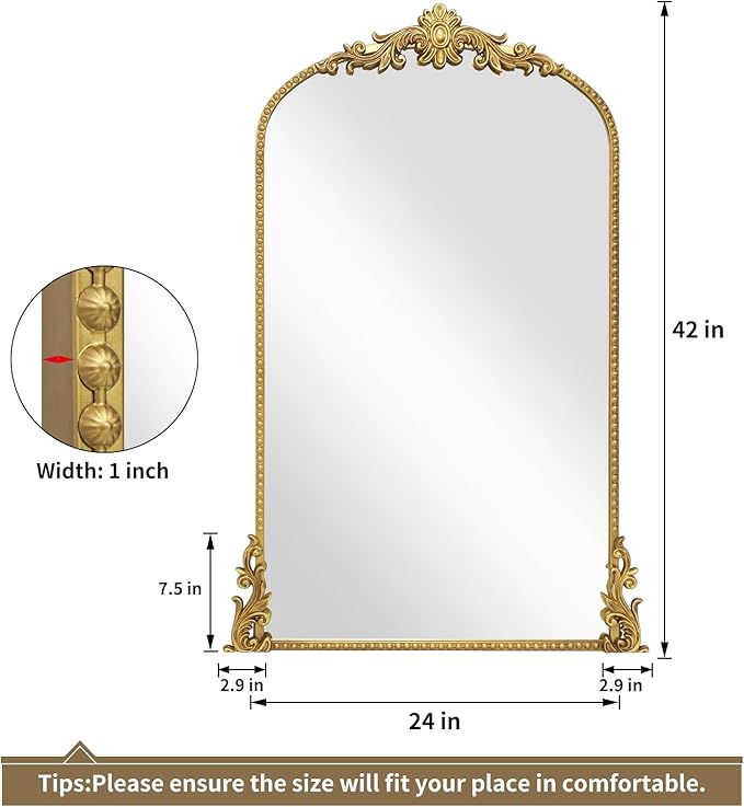 Growsun Vintage Gold Arched Mirror, 24’’x42’’ Antique Baroque Ornate Wall Mirror Decor with Full Metal Frame for Fireplace/Entryway/Living Room/Bathroom