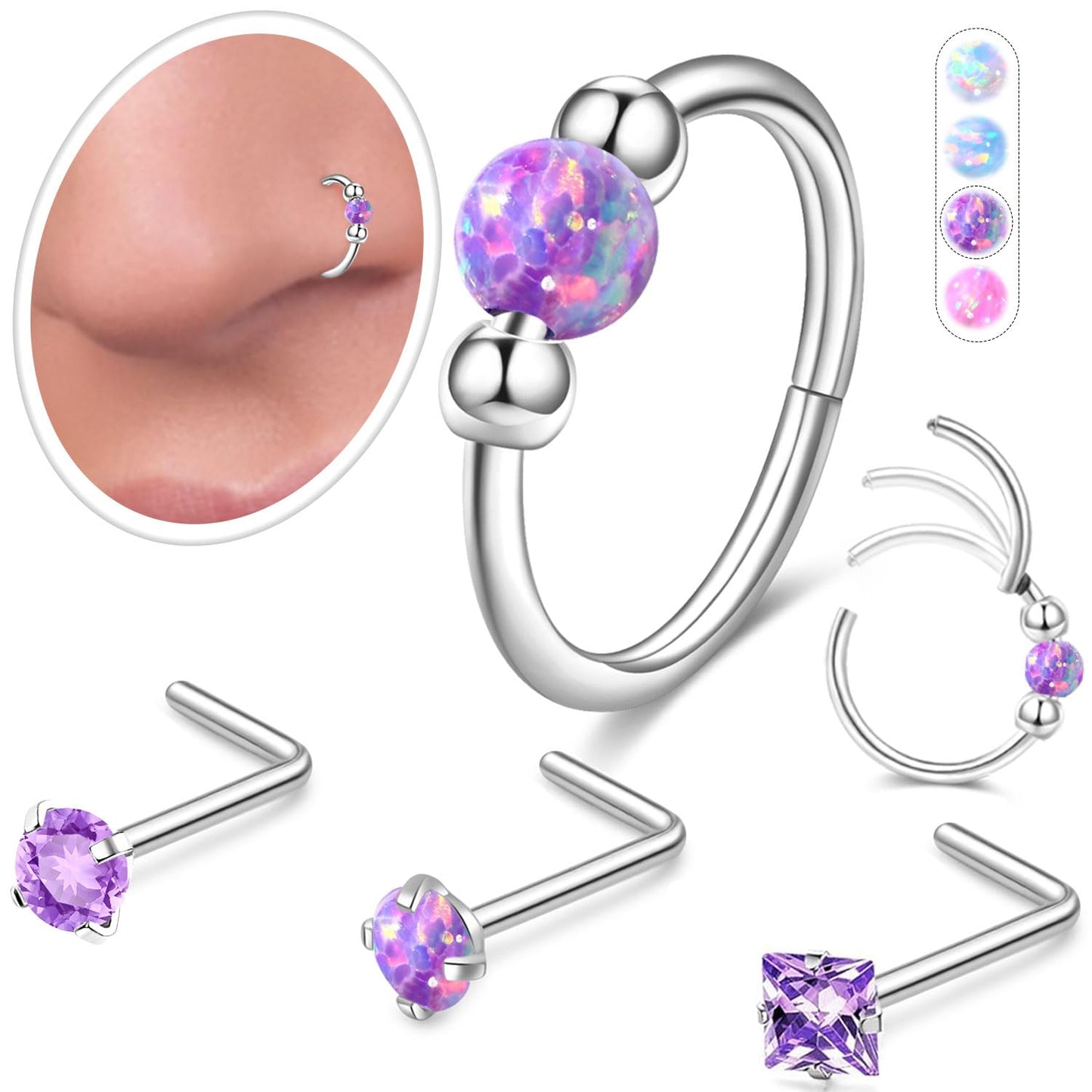 4PCS Stainless Steel Nose Rings Set for Women Men,Hypoallergenic 20G L-Shaped Nose Studs 18G Purple Opal Hinged Small Silver Hoops for Nostril Septum Cartilage Helix Rook 2nd/3rd Earlobe Lip Piercings