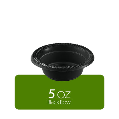 PLASTICPRO 100 PCS Black Plastic Bowls Light Weight 5 oz Small Plastic Soup Bowls Black Salad Dessert Plates Disposable for Party and Wedding
