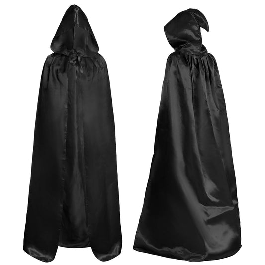 hoyuwak Black Cloak with Hood Halloween Wizard Hooded Cape Full Length Robe for Women Men Role Play Costume Witch Party Dress-Up