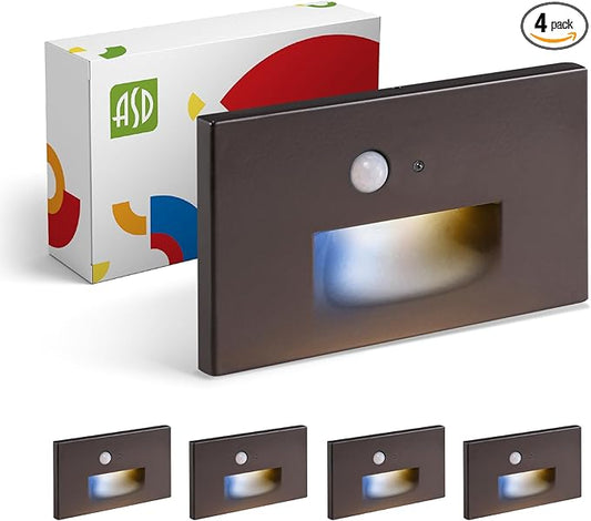 ASD LED Recessed Step Light Fixture, Dusk to Dawn Tread Lighting | 3CCT, Motion Sensor, Photocell, Waterproof, ETL Listed | 3W 120LM 3000K-5000K 120V | Staircase Illumination | Dark Bronze, 4 Pack