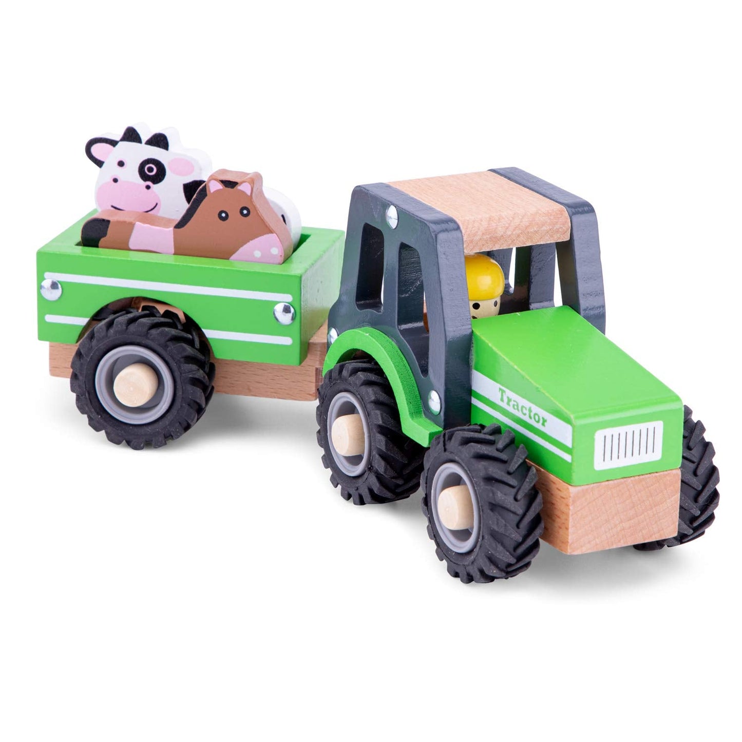 New Classic Toys - Houten speelgoed - Houten tractor met aanhanger, Green