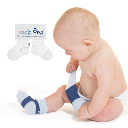 Sock Ons - Baby Sock Holders - 6-12 Months - 3 Pack (1 x Baby Blue, 1 x Navy, 1 x White) - Amazing Value Pack - Keep Baby Socks On!