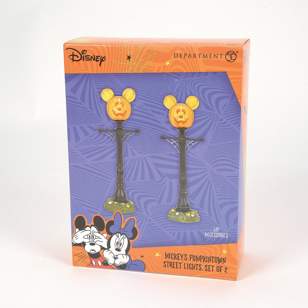 Department 56 Disney Village Halloween Accessories Pumpkintown Mickey Mouse Street Lights Lit Figurine Set, 4.625 Inch, Multicolor