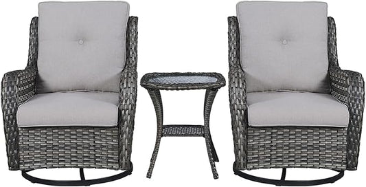 Rilyson Wicker Rocking Chair Swivel Chairs - 3 Piece Rocker Patio Furniture Set Rattan Rocking Bistro Sets with Glass Top Side Table for Outdoor Porch Deck Garden Backyard (Mixed Grey/Grey)