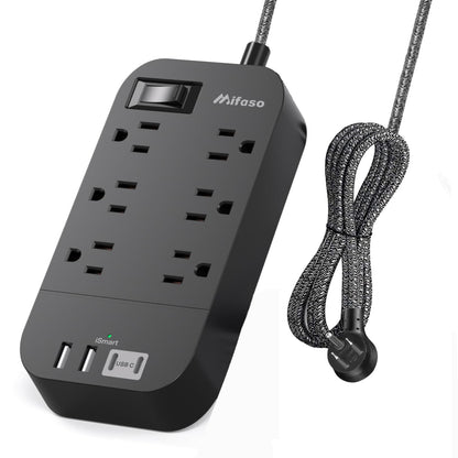 Power Strip - 10 FT Long Flat Plug Extension Cord, 6 Outlets 2 USB A 2 USB C Ports Outlet Extender with Overload Protection, Wall Mount, Desktop Charging Station for Home, Office and Dorm Essential