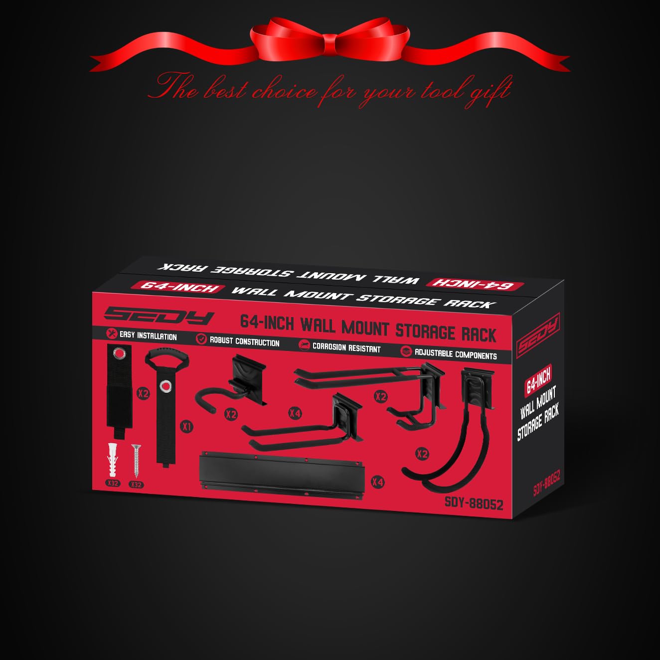 64" Heavy Duty Garage Storage Tool Organizer Wall Mount - Tool Rack with Adjustable Hooks, Anti-Rust, 300lbs Capacity - Easy Installation (4 Racks, 10 Hooks, 3 Straps)