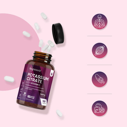 Potassium Supplement with Vitamin C 1460mg | 3 Months Supply | 180 Tablets | Electrolytes Tablets | Bioavailable Potassium Citrate Form | Non-GMO, Gluten-Free & Vegan-Friendly | Made in The UK
