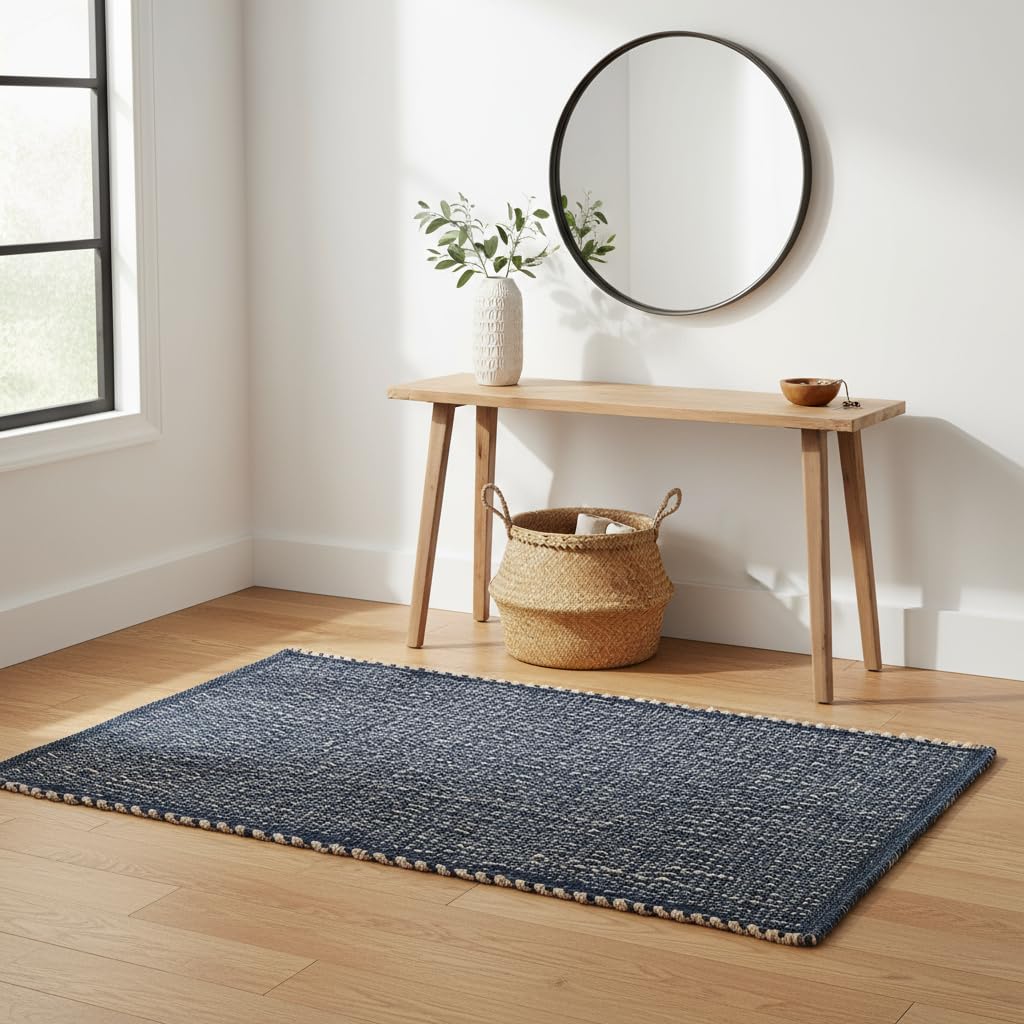 Navy 3x5 Jute Rug Braided Construction - Farmhouse Woven Carpet - Nautical Floor Covering for Bedroom Laundry Room, 3' x 5'