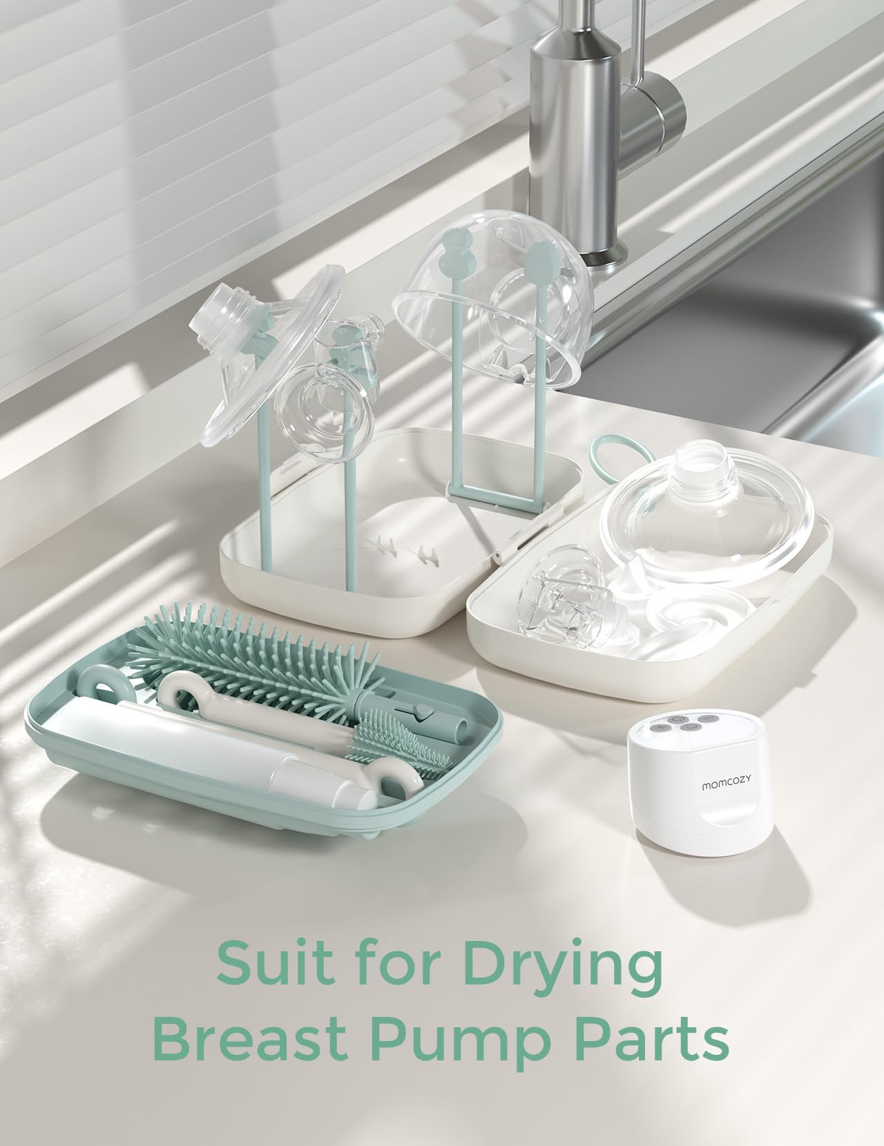 Momcozy 7 in 1 Baby Bottle Brush Set - Complete Bottle Cleaning Kit with Silicone, Nipple, Straw Brush,Soap Dispenser, and Drying Rack - Ideal for Home and Travel