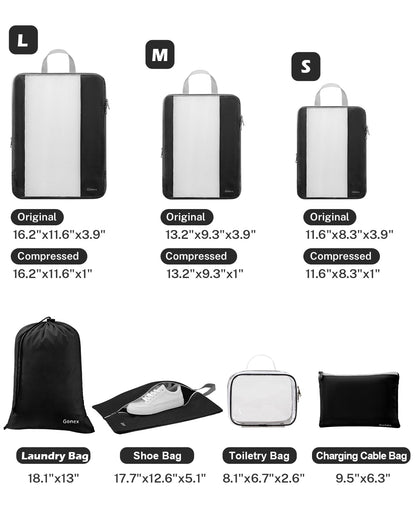 Gonex Expandable Mesh Packing Cubes - 8 Set Compression Organizer for Travel Essentials with Toiletry, Laundry, Shoe & Cable Bags - Black