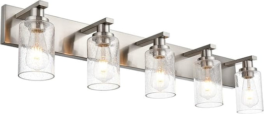 Bathroom Lights Fixtures Over Mirror, Brushed Nickel Vanity Lighting with 5 Seeded Glass Lampshades for Kitchen Living Room