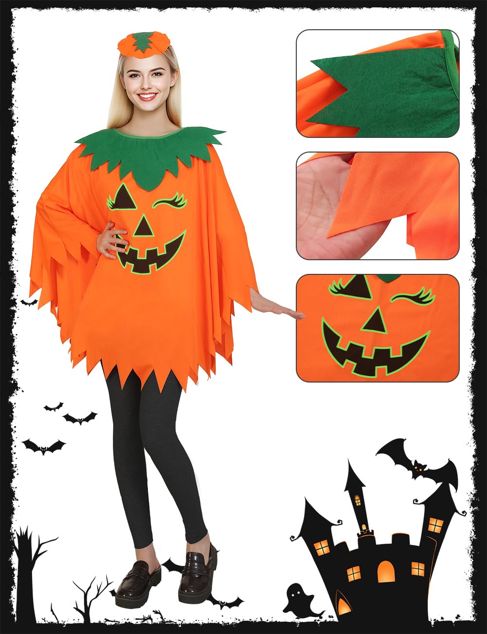 qqpouc Pumpkin Costume for Women Kids，Glow in the Dark Adult Halloween Pumpkin Poncho/Headband/Candy Bags