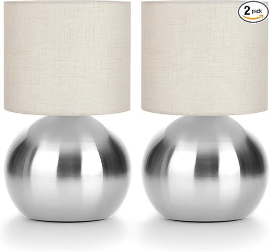 Modern Small Table Lamp Set of 2, Minimalist Nightstand Bedside Lamps with One-Button Inline Switch, 10.4 Inch Desk Light for Bedroom, Living Room,Including Light Bulb（Silvery）