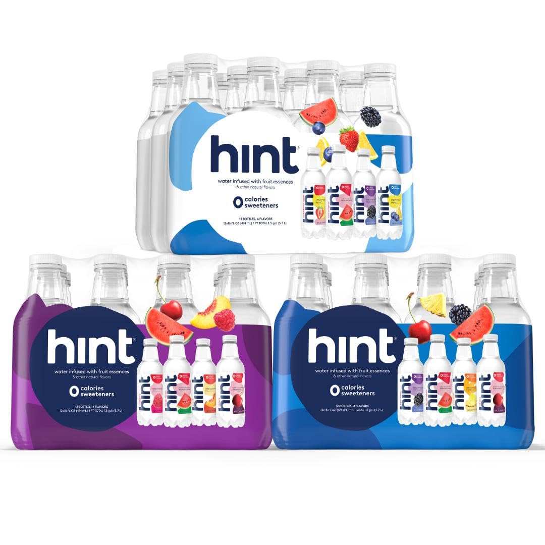 Hint Blue, White, and Purple Variety Packs - Purified Flavored Water, Zero Calories, Sugar Free, Natural Flavors - 16 Fl Oz (Pack of 36) Still Bottled Water