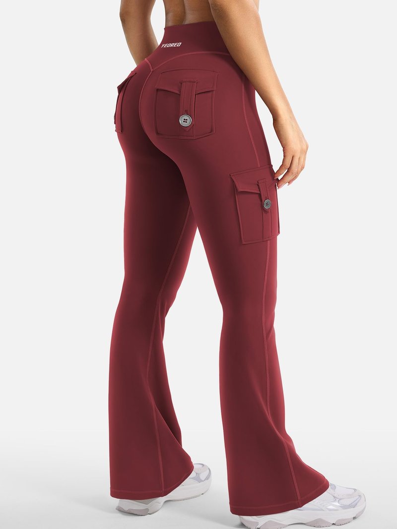 YEOREO CoreFlex Women Workout Flare Leggings with Pockets Hidden Scrunch High Waisted Cargo Gym Yoga No Front Seam Leggings Anchor Red M