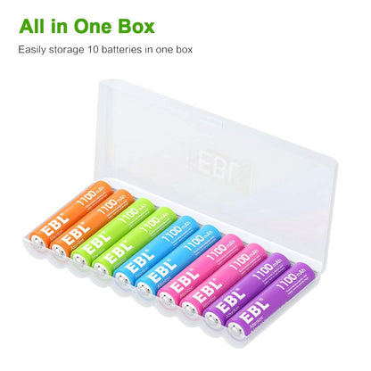 EBL Rechargeable AAA Batteries 10 Pack High Capacity 1100mAh (10 Pack- 2 * 5 Color in One Box) 1.2V Ni-Mh Triple AAA Battery ProCyco Technology