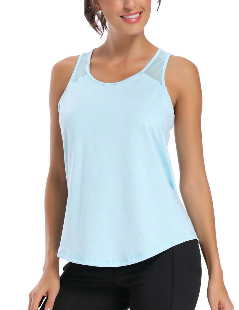 Aeuui Workout Tops for Women Mesh Racerback Tank Yoga Shirts Gym Clothes Light Blue, Medium