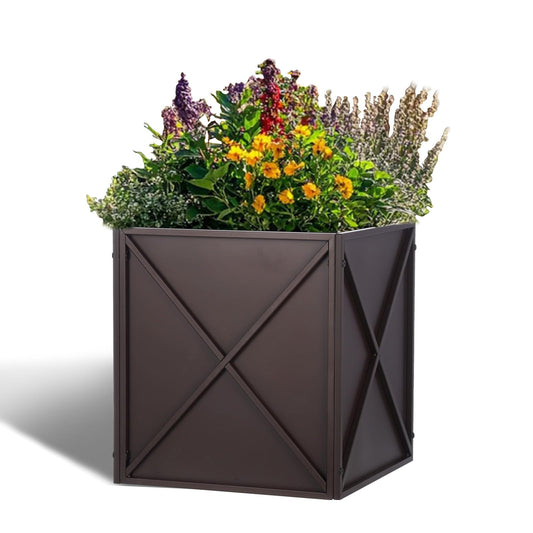 SUNNYPARK Large Metal Planter Box 17”x 17”x 18”, Square Modern Brown Metal Planter Box Heavy Duty with Drainage Holes for Outdoor Garden Patio