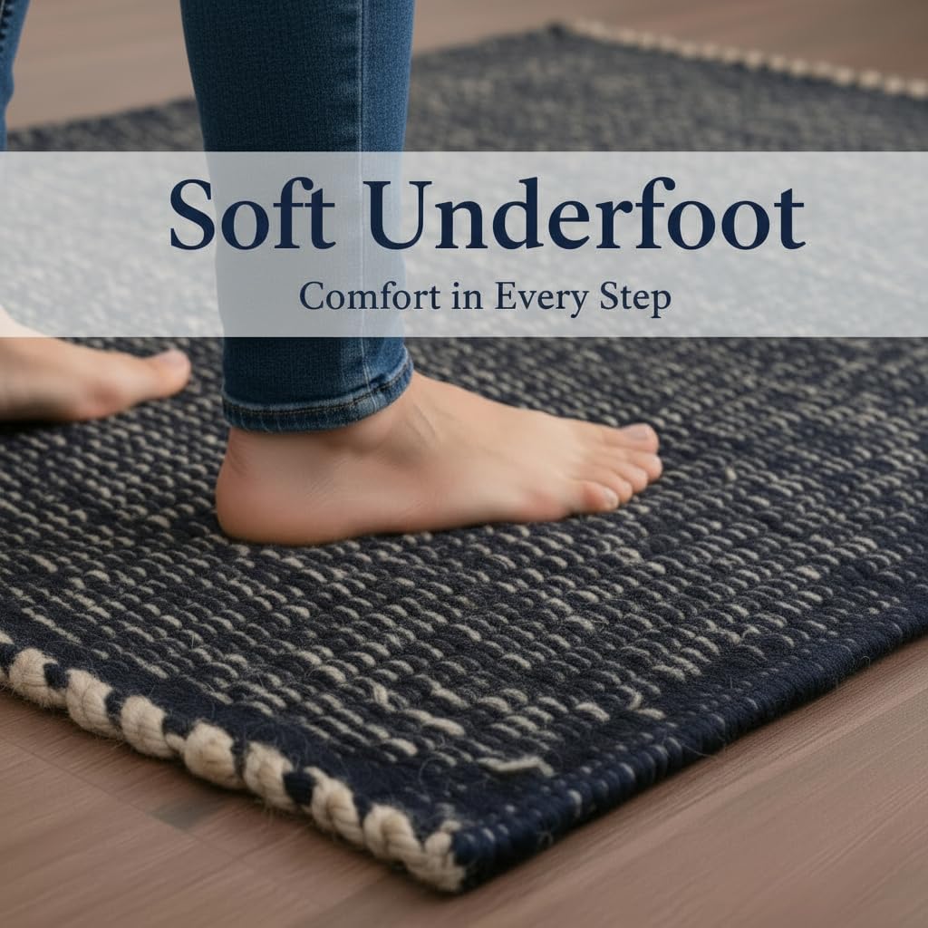 Navy 3x5 Jute Rug Braided Construction - Farmhouse Woven Carpet - Nautical Floor Covering for Bedroom Laundry Room, 3' x 5'