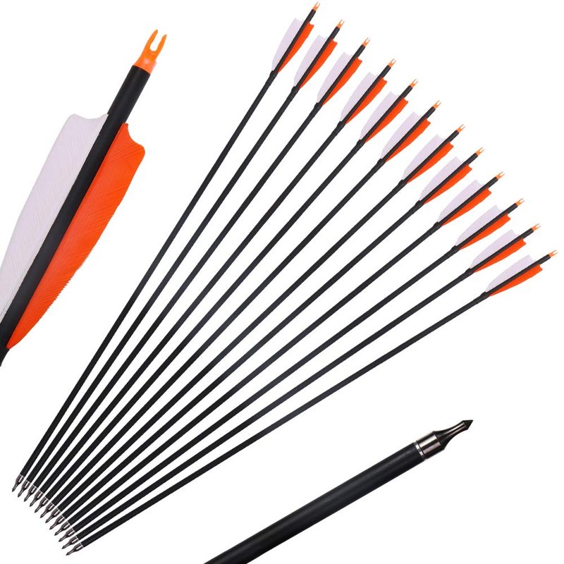 TOPARCHERY Premium 30" Carbon Hunting Arrows with Selected 4" Real Turkey Feathers Fletching and Removable Tips - 500 Spine Practice Target Arrows for Compound & Recurve Bow - 12Pcs