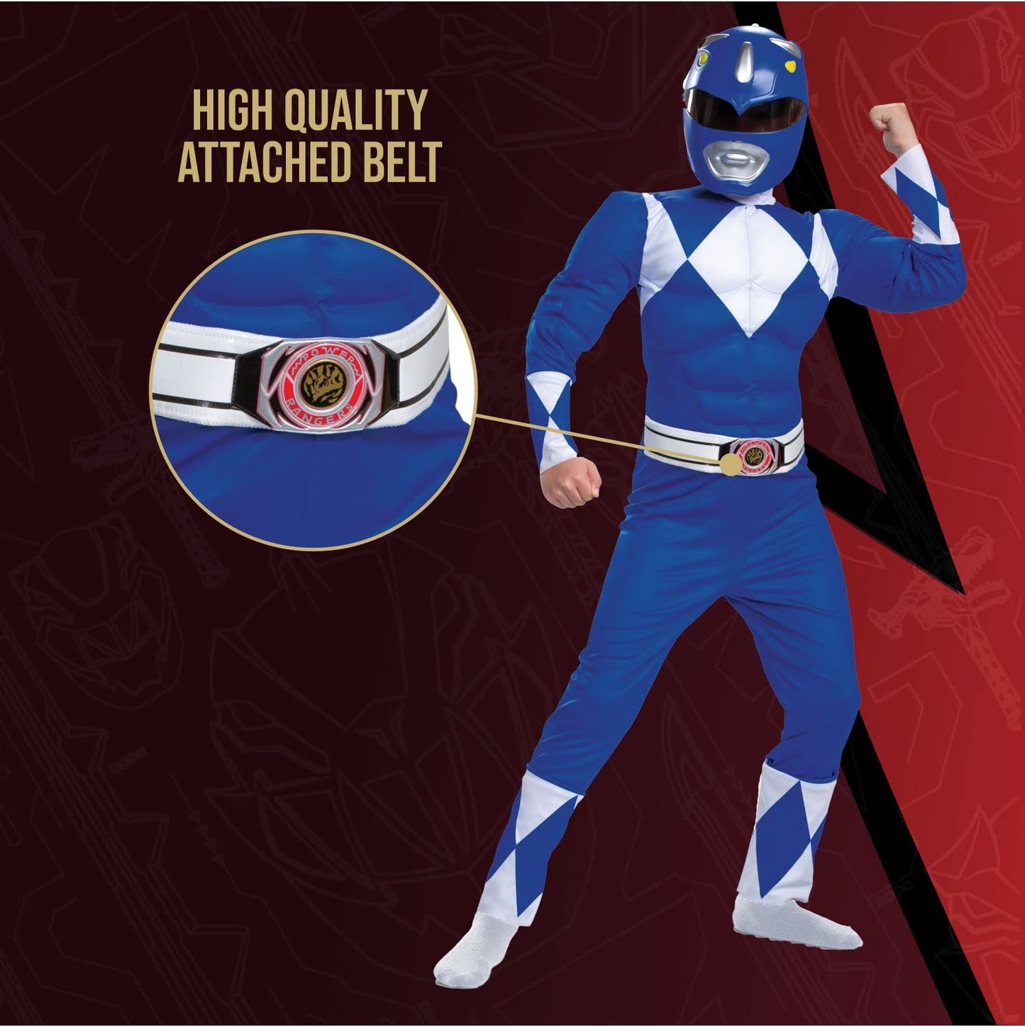 Blue Power Ranger Costume, Kids Size Beast Morphers Muscle Padded Character Jumpsuit and Mask, Classic Child Size Small (4-6)