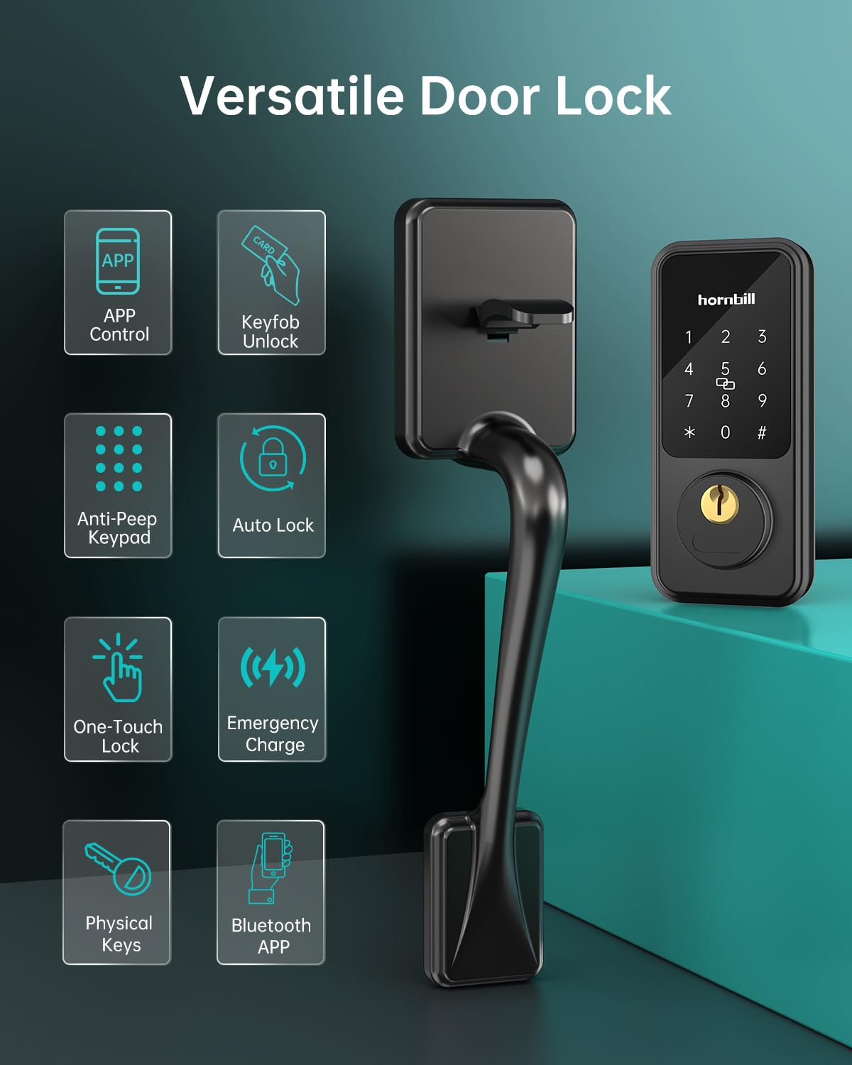 Keyless Entry Door Lock with Handles, Hornbill Smart Front Door Lock Set, Alexa Front Exterior Door Set, Digital Touchscreen via Bluetooth APP/Keyfob/Key-Matte Black(Not Compatible Gram/Screen Door)