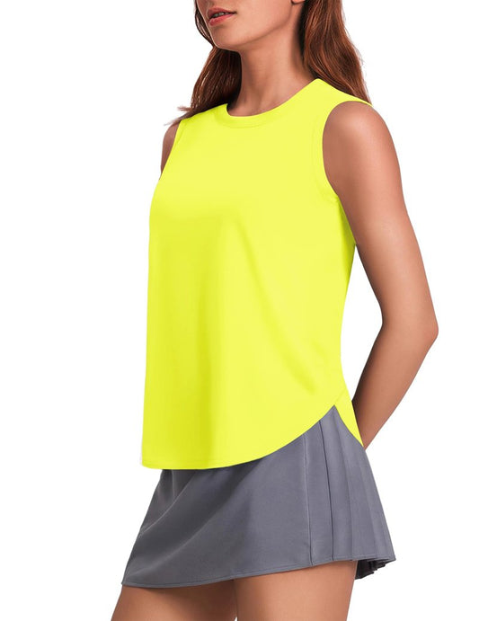 PINSPARK Womens Workout Tops Quick Dry Athletic Tank Top UPF 50+ Sleeveless Running Shirts with Side Slits Lightweight Yoga Top, Neon Yellow Large