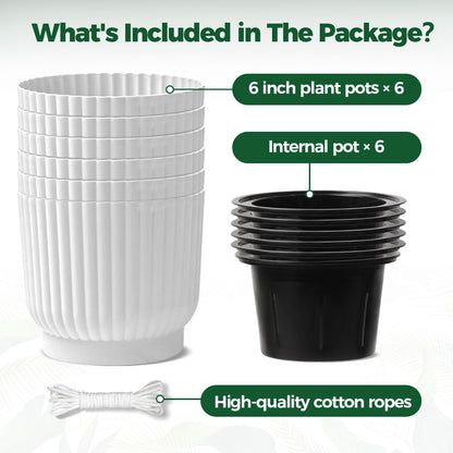 T4U 6 Inch Self Watering Pots for Indoor Plants, 6 Pack White Plastic Flower Pots for All House Plants, Flowers, African Violets