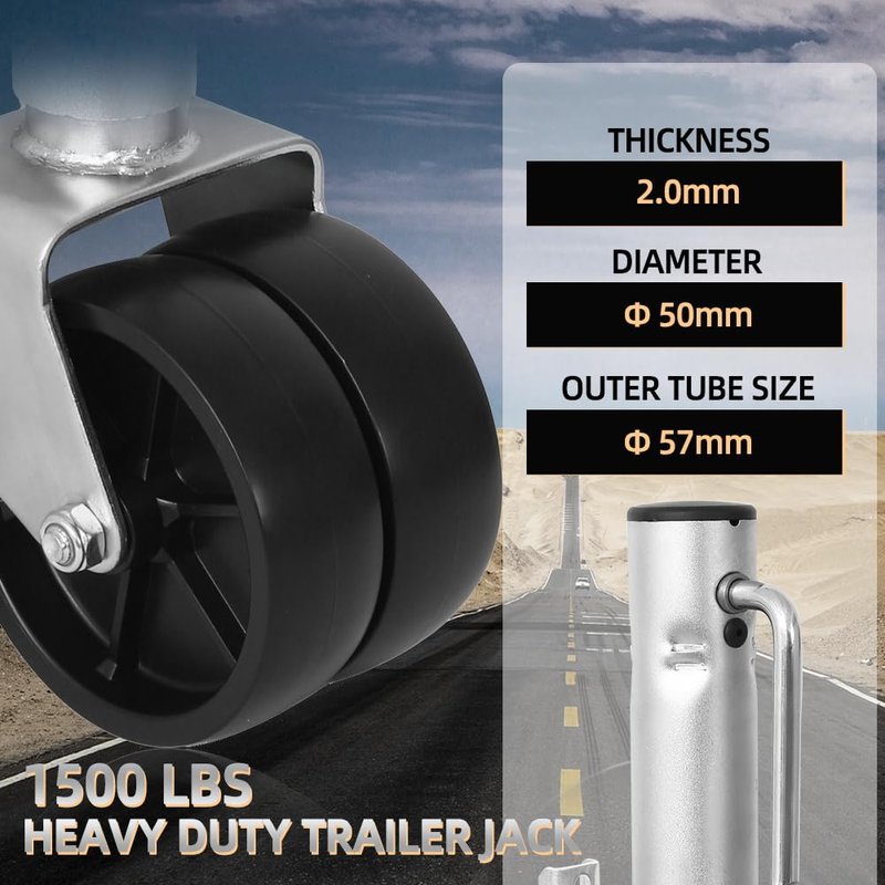 Heavy Duty Trailer Jack, Bolt-on Tongue Jack with Drop Leg and Handle, Adjustable Boat Trailer Jack (Dual Wheel, 1500lbs)