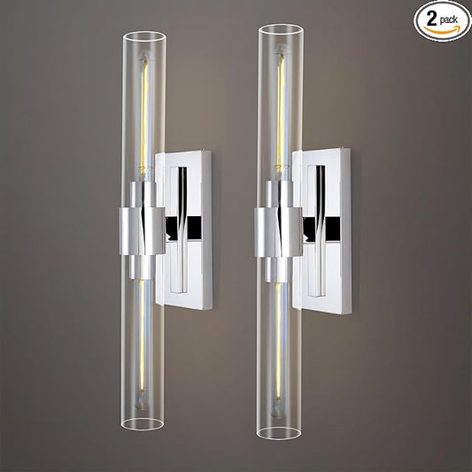 Chrome Wall Sconces, 22.8" Bathroom Sconces, Indoor Sconces Wall Lighting Up and Down, Nickel Wall Sconce Set of Two Dimmable, Vanity Lights for Bathroom with Tube, Glass Sconce for Bedroom, Staircase